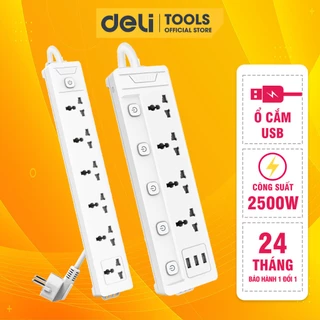 [DELI VPP] Ổ Cắm Điện Tích Hợp Cổng USB Đa Năng Deli 2-6 Lỗ Cắm Đầu 3 Công Suất 2500W Dây 2-5M An Toàn, Chống Cháy Nổ