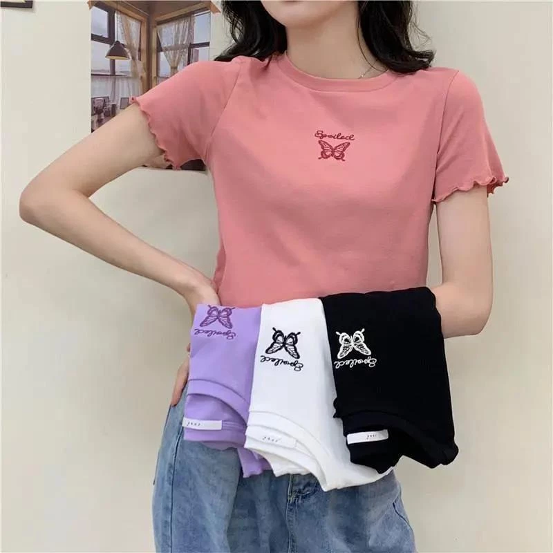 Mới Áo Thun Crop top Ngắn Tay Lưng Cao Thêu Hình Bướm Thời Trang Mùa Hè 2023