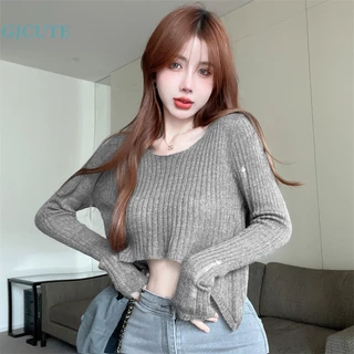 Gjcute Áo sweater Dệt Kim Cổ Tròn Tay Dài Khoét Rỗng Gợi Cảm Mùa Thu Cho Nữ wtd