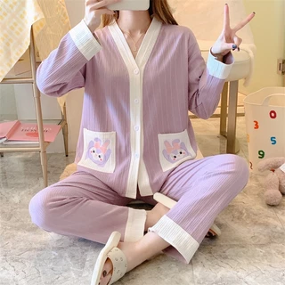 Bộ Pyjama Cardigan Nữ Dài Tay Quần Dài Cotton Nguyên Chất In Hình Dễ Thương Bộ Hai Món