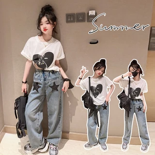 Set Áo Thun Ngắn Tay Và Quần Jeans Thời Trang Mùa Hè Cho Bé Gái