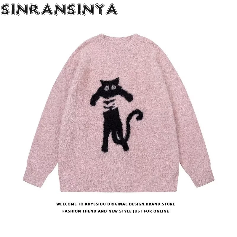 Sinransinya Áo sweater Tay Dài Cổ Tròn In Hình Mèo jacquard Phối Lông Thời Trang Đường Phố Mỹ Cho Nam