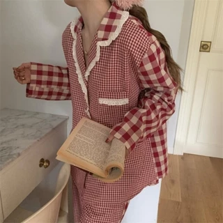 [SẴN] BN184_ Bộ ngủ nữ, bộ pijama dài tay kẻ caro đỏ chất cotton phong cách Hàn Quốc | Hàng Quảng Châu cao cấp