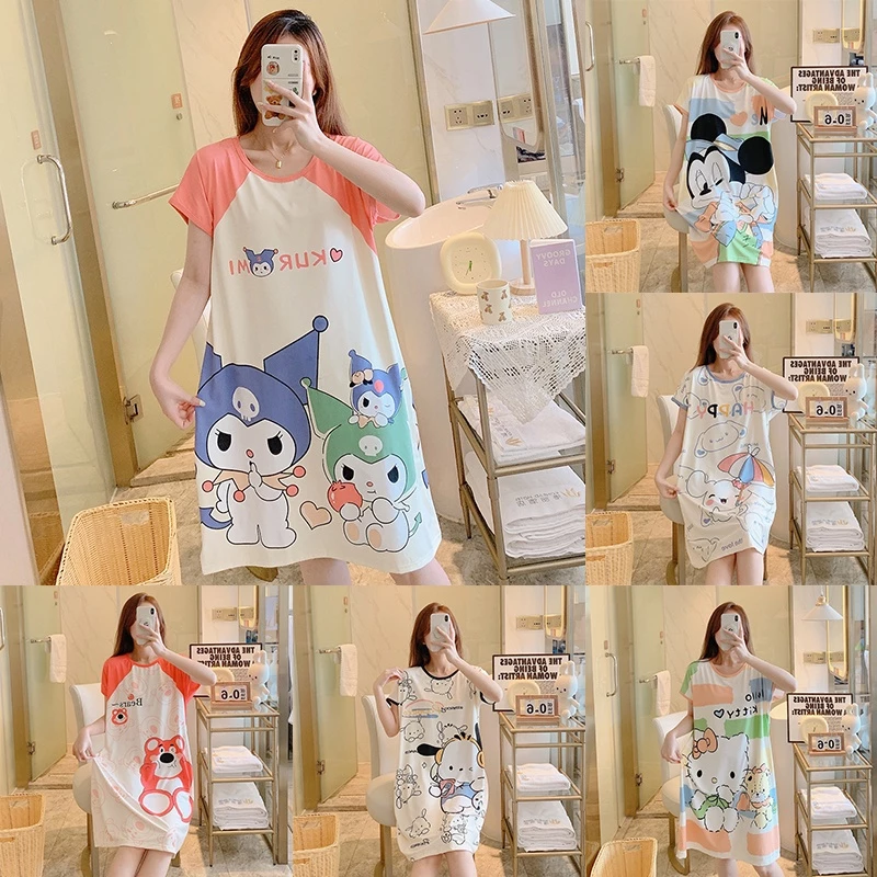 Kuromi Đầm Ngủ Ngắn Tay Dáng Rộng Họa Tiết hello kitty Dễ Thương Dành Cho Nữ