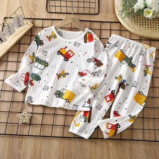 Hàng sẵn có 80-160CM Bộ đồ mặc nhà bằng vải Cotton nguyên chất dành cho trẻ em Mùa hè bé trai bé gái Bộ đồ ngủ dài tay Bộ đồ điều hòa không khí mỏng 