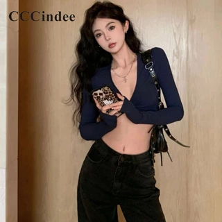 Cccindee Áo Croptop Tay Dài Cổ Chữ v Quyến Rũ Thời Trang 2024 Cho Nữ