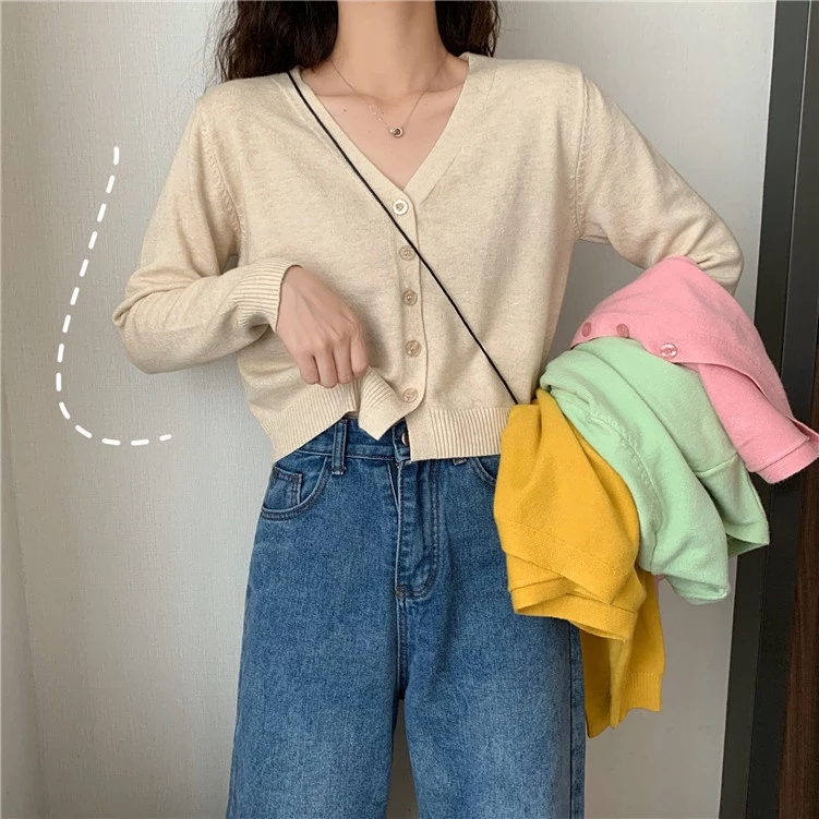 10 màu🌈 Áo Khoác Cardigan Dệt Kim Cổ Chữ V Tay Dài Màu Sắc Đơn Giản Phong Cách Hàn Quốc Dành Cho Nữ