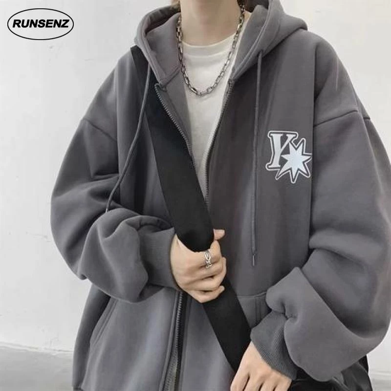 Áo hoodie Tay Dài Dáng Rộng Dày Dặn Giữ Nhiệt Có Khóa Kéo plus size m-8xl Cho Nam