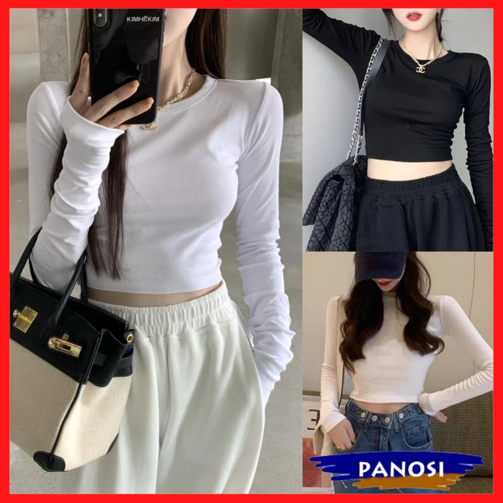 Áo thun nữ áo kiểu nữ dài tay cổ tròn dáng croptop dáng basic trẻ trung cá tính PANOSI - A274