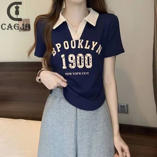 [cagjb] Áo Thun crop Top Tay Ngắn Dáng Ôm In Chữ Phong Cách retro Mỹ Màu Sắc Tương Phản Dành Cho Bạn Nữ yomg