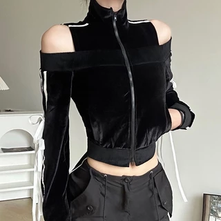 Áo Hoodie Lửng Hở Vai Có Dây Kéo Và Cổ Đứng Thời Trang