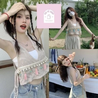 Áo Dệt Kim Croptop Ren Sát Nách Đan Móc Nữ Đính Bông Lông Cổ Xẻ V Phong Cách Boho Xinh Xắn | Vui Vẻ Shop