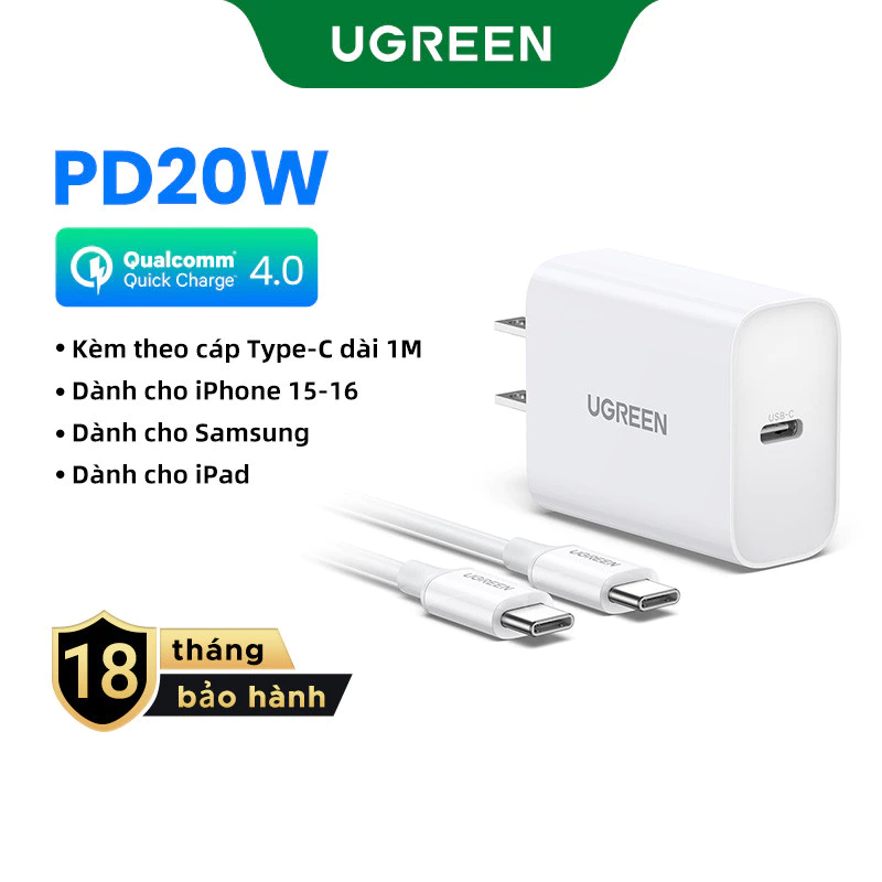 UGREEN PD 20W, Bộ sạc USB C, Bộ sạc nhanh, Bộ sạc tường USB-C, Bộ Chuyển Đổi nguồn, Tương thích với iPhone 16 Pro Max