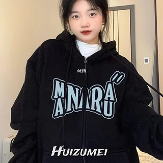 Huizumei Áo Khoác Hoodie Vải Nhung Có Khóa Kéo In Họa Tiết Phong Cách Mỹ