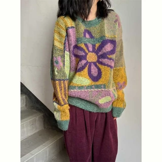 Áo sweater Dệt Kim Mềm Mại Cổ Tròn In Họa Tiết Hoa Màu Tương Phản Phong Cách retro Nhật Bản Thời Trang Thu Đông Cho Nữ