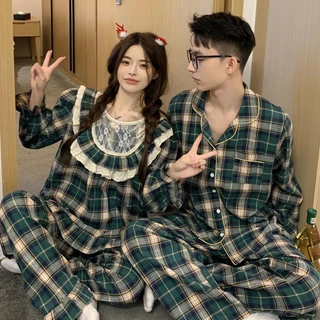 [Sẵn] BN172_ Bộ ngủ đôi, bộ pijama cặp đôi nam nữ dài tay kẻ caro xanh rêu phong cách Hàn Quốc | Hàng Quảng Châu cao cấp