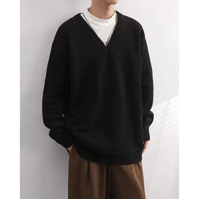 【dệt kim】Áo sweater nam dệt kim cổ chữ v dáng rộng phong cách hàn quốc thời trang mùa Đông cho nam giới Áo sweater dệt kim form dáng rộng dài tay unisex áo len oversize màu đen trắng nam nữ phong cách Hàn Quốc