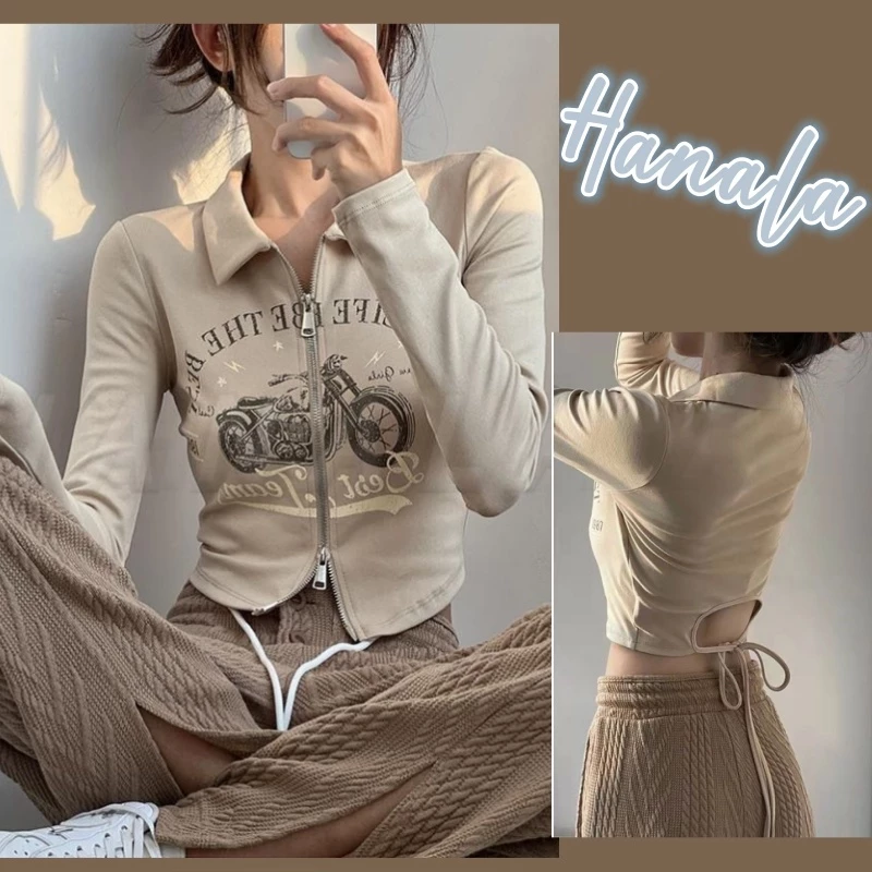 Áo baby tee y2k croptop tay dài áo thu đông Áo phông áo thun nữ croptop dài tay Áo Thun Ngắn Tay Dài Có Khóa Kéo Hai Lớp In Họa Tiết Xe Máy Phong Cách Mỹ