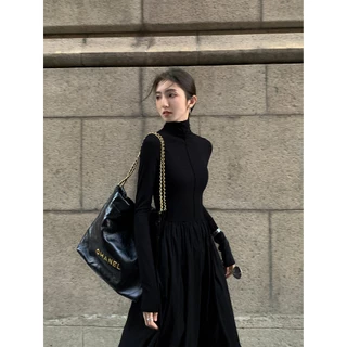 Suxi Casual Phiên bản Hàn Quốc Thu Đông Đơn giản và thời trang Váy dệt kim dài tay cổ cao nữ dài vừa phải