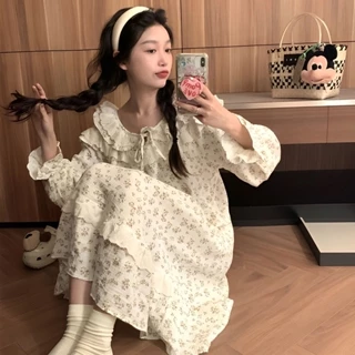iMaodou Đầm Ngủ Tay Dài Phối Ren Hoa Phong Cách Hàn Quốc Thời Trang Xuân Thu Mới Cho Nữ