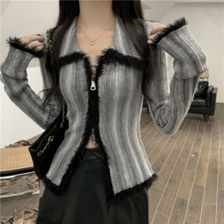 Áo Khoác cardigan Dệt Kim Tay Dài Có Khóa Kéo Đôi Màu gradient Phong Cách Hàn Quốc Thời Trang Mùa Thu Hàng Mới Dành Cho Bạn Nữ 739j