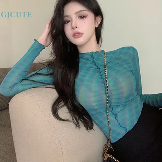 Gjcute Áo Thun Tay Dài Cổ Tròn Phối Lưới In Họa Tiết retro Thời Trang Mùa Thu Cho Nữ