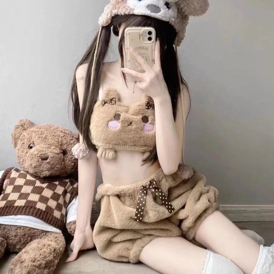 Baby bear set Đồ Ngủ Gồm Áo Ống Và Quần Short Nhồi Bông Mềm Mại Màu Trơn Hình Gấu cinnamoroll Nhật Bản Đáng Yêu Cho Bé Gái