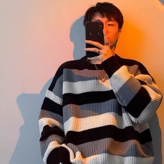 Áo sweater Dệt Kim Cổ Tròn In Họa Tiết Đường Kẻ Thời Trang Cho Nam