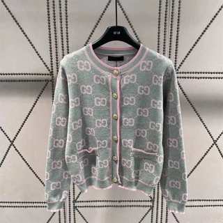 Áo Khoác Cardigan Dệt Kim Cổ Tròn In Chữ GUCCI Phối Màu Tương Phản Thời Trang Thu Đông 2023 Cho Nữ