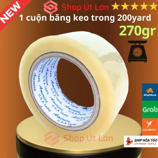 1 Cuộn băng keo trong, đục 200yard, nặng 270gram, rộng 4.7cm, lõi 5mm, 1 cây có 6 cuộn nặng 1.6kg