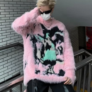 Áo sweater dệt kim dáng rộng in họa tiết graffiti kiểu Đường phố Hàn Quốc màu hồng áo len lông mềm mịn cực ấm kiểu dáng cổ tròn