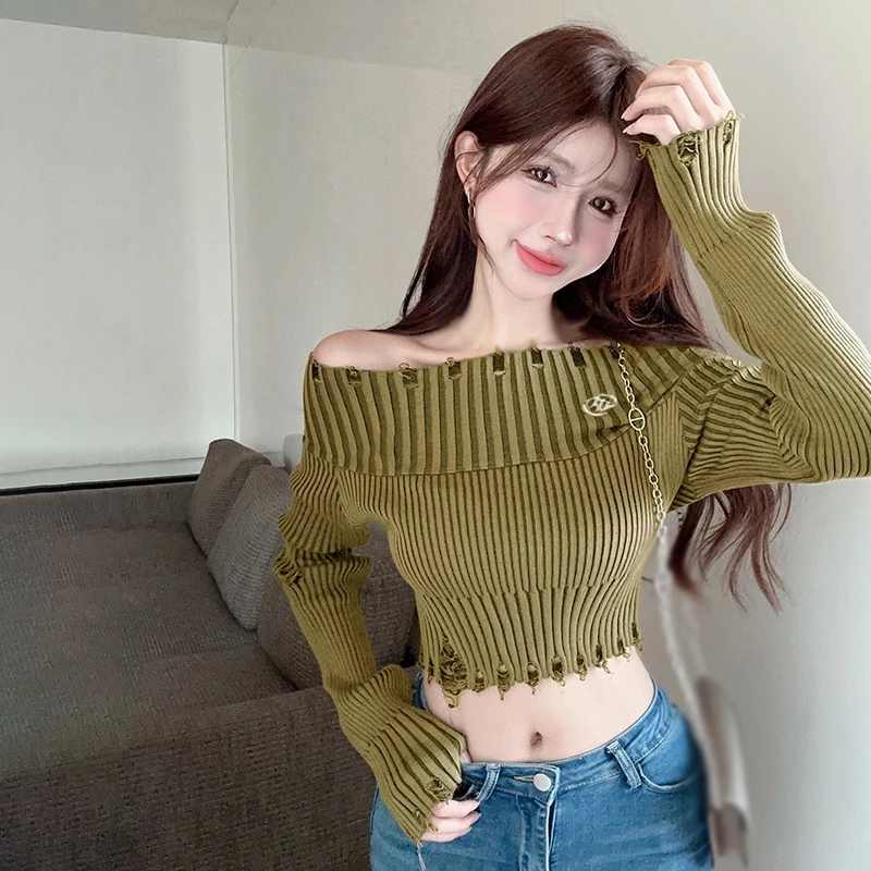 Áo sweater Dệt Kim Tay Dài Thiết Kế Trễ Vai Quyến Rũ