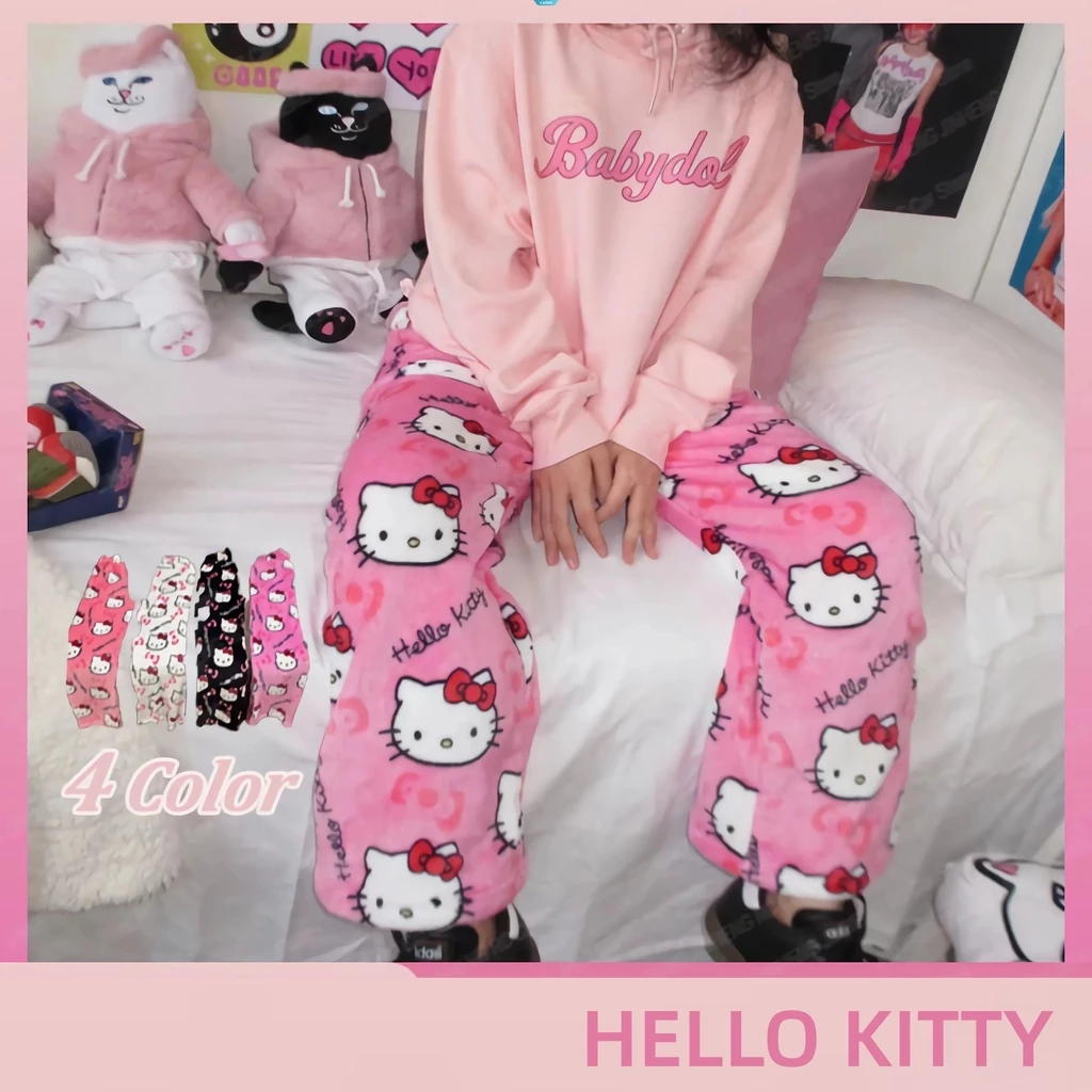 Sanrio Quần Ngủ Chất Nỉ Họa Tiết Mèo hello kitty / Bí Ngô / Mèo Dễ Thương Giữ Ấm Mùa Thu Cho Nữ