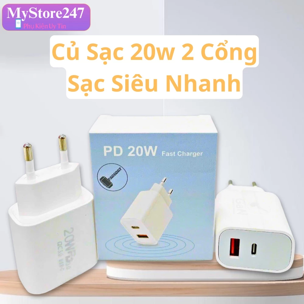Củ Sạc Nhanh 20w 2 Cổng, Củ Sạc Nhanh Usb, TypeC Dùng Cho Máy Điện Thoại Không Nóng, Chuẩn Dòng 20w