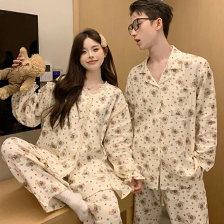 BN173_ Bộ ngủ đôi, bộ pijama cặp đôi nam nữ dài tay hoạ tiết gấu teddy phong cách Hàn Quốc | Hàng Quảng Châu cao cấp