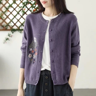 Áo sweater Dệt Kim Tay Dài Cổ Tròn Đính Khuy Xinh Xắn Cho Nữ