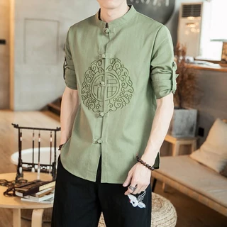 Phong Cách Trung Hoa Quần Áo Nam Thêu Vải Lanh Cotton Đường Phù Hợp Với Áo Sơ Mi Dài Tay Vải Lanh Trung Quốc Retro Quần Áo Zen Lớp Quần Áo Dân Tộc-A08