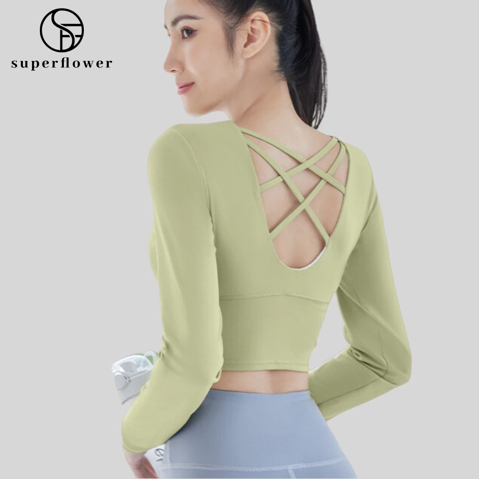 Superflower Áo Thun Thể Thao yoga Chạy Bộ Tay Dài Có Đệm Ngực Cố Định Lưng Đẹp Thoáng Khí Cho Nữ