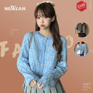 Newlan ZZ016 Áo Khoác Cardigan Tay Ngắn Thời Trang Thu Đông Cho Nữ Áo len cổ tròn đính cúc phong cách hàn quốc Len Dài D