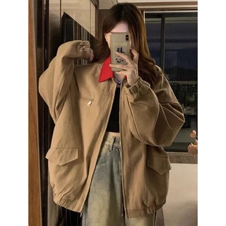 Yuewen American Retro Kaki Cargo Jacket Nữ Xuân Thu oversize Đầu Thu Áo Khoác Top