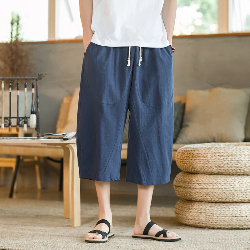 Nóng Cotton Và Vải Lanh Màu Trơn Rời Nam Retro Nhật Bản Hậu Cung Quần Quần Crop Quần Màu Trơn