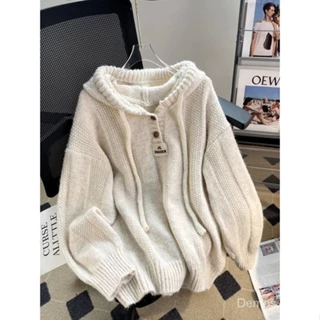 Áo sweater Dệt Kim Mềm Dày Dặn Dáng Rộng Phối Dây Rút Phong Cách Hàn Quốc Thời Trang Thu Đông 2023