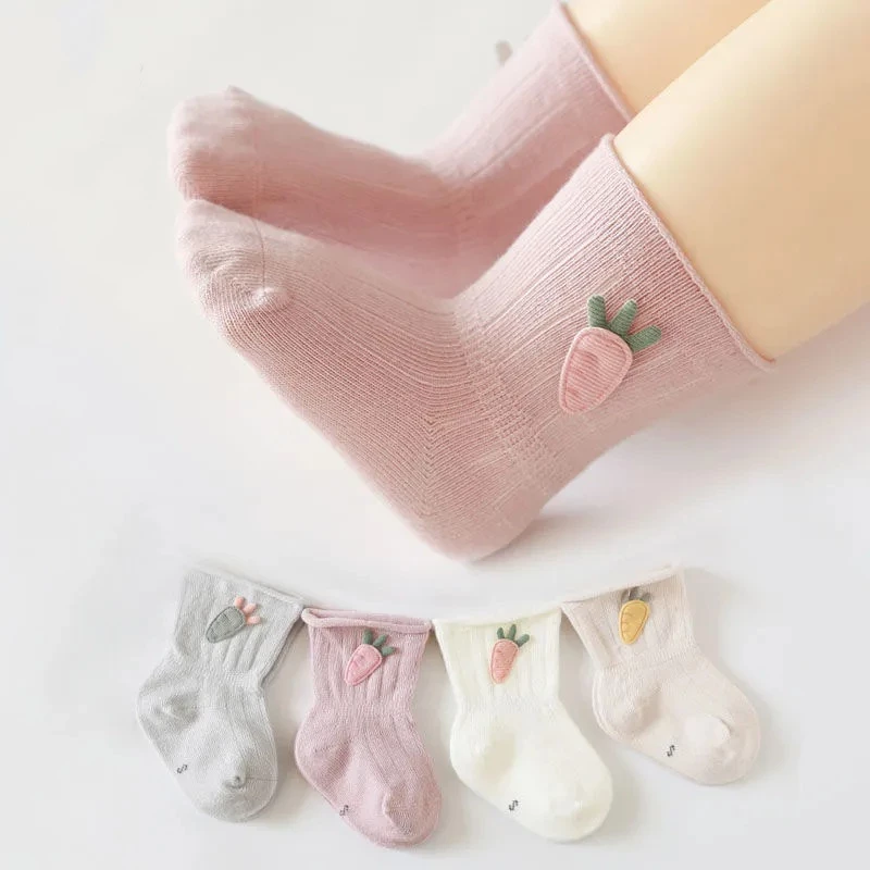 Tất giữa bắp chân cho bé, tất cotton mềm mại thoáng khí trang trí cà rốt 3D dễ thương, còng cuộn tất trẻ sơ sinh, thiết kế hoạt hình ngọt ngào để mặc hàng ngày