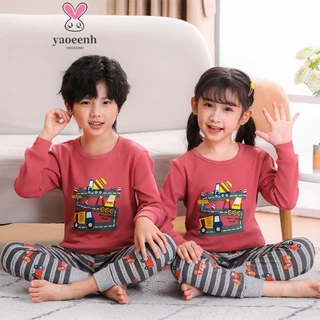 Bộ đồ ngủ YAOEENH bằng cotton cổ tròn in họa tiết hoạt hình dễ thương cho bé 100-160cm