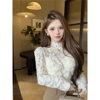 Áo sweater Cổ Lọ Tay Phồng Phối Ren Dày Thời Trang Thu Đông Cho Nữ