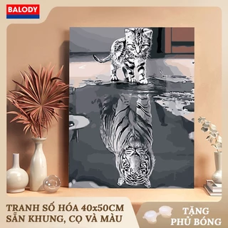 Tranh tô màu Số hóa Mèo và Hổ bóng 40x50cm MS115 BALODY có khung ,màu ,cọ vẽ ,móc treo tường