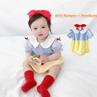 Bộ Áo Liền Quần + Băng Đô Bằng cotton Tay Ngắn Dễ Thương Thời Trang Cho Bé Gái 0-2 Tuổi