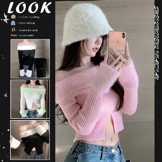 Áo sweater Tay Dài Dáng Rộng Hở Vai Phối Màu Tương Phản Thời Trang Thu Đông Mới Cho Nữ