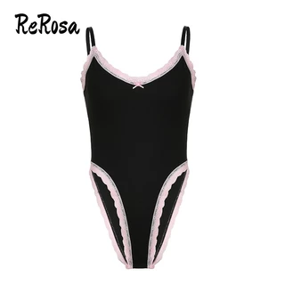 Rerosa Áo Croptop Trễ Vai Ôm Dáng Phối Màu Tương Phản Thời Trang 2024 Cho Nữ