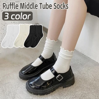 Vớ cotton Mềm Mại Thoáng Khí Màu Trơn Phối Bèo Dễ Thương Phong Cách lolita Nhật Bản Cho Nữ